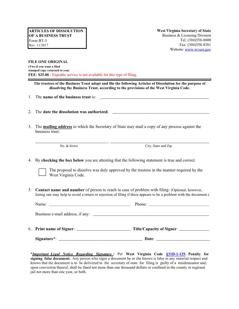 Articles Of Dissolution Of A Business Trust (Domestic) {BT-3} | Pdf Fpdf Docx | West Virginia