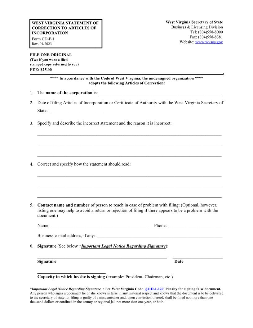 Statement Of Correction To Articles Of Incorporations {CD-F-1} | Pdf Fpdf Docx | West Virginia