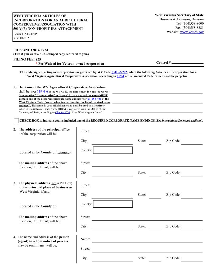 Articles For Incorporation For A Cooperative Association {CAD-1NP} | Pdf Fpdf Docx | West Virginia