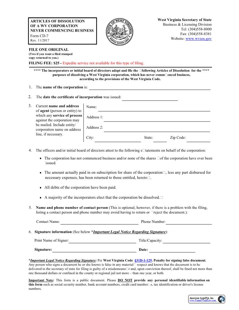 Articles Of Dissolution For Corporation Never Commencing Business (Domestic Corporation) {CD-7} | Pdf Fpdf Docx | West Virginia