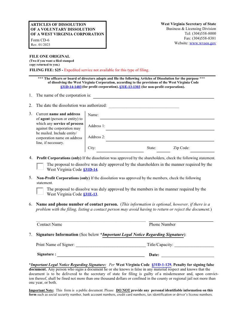 Articles Of Dissolution Of A Voluntary Dissolution (Domestic Corporation) {CD-6} | Pdf Fpdf Docx | West Virginia