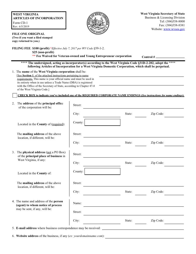 Articles Of Incorporation (Domestic Corporation) {CD-1} | Pdf Fpdf Docx | West Virginia