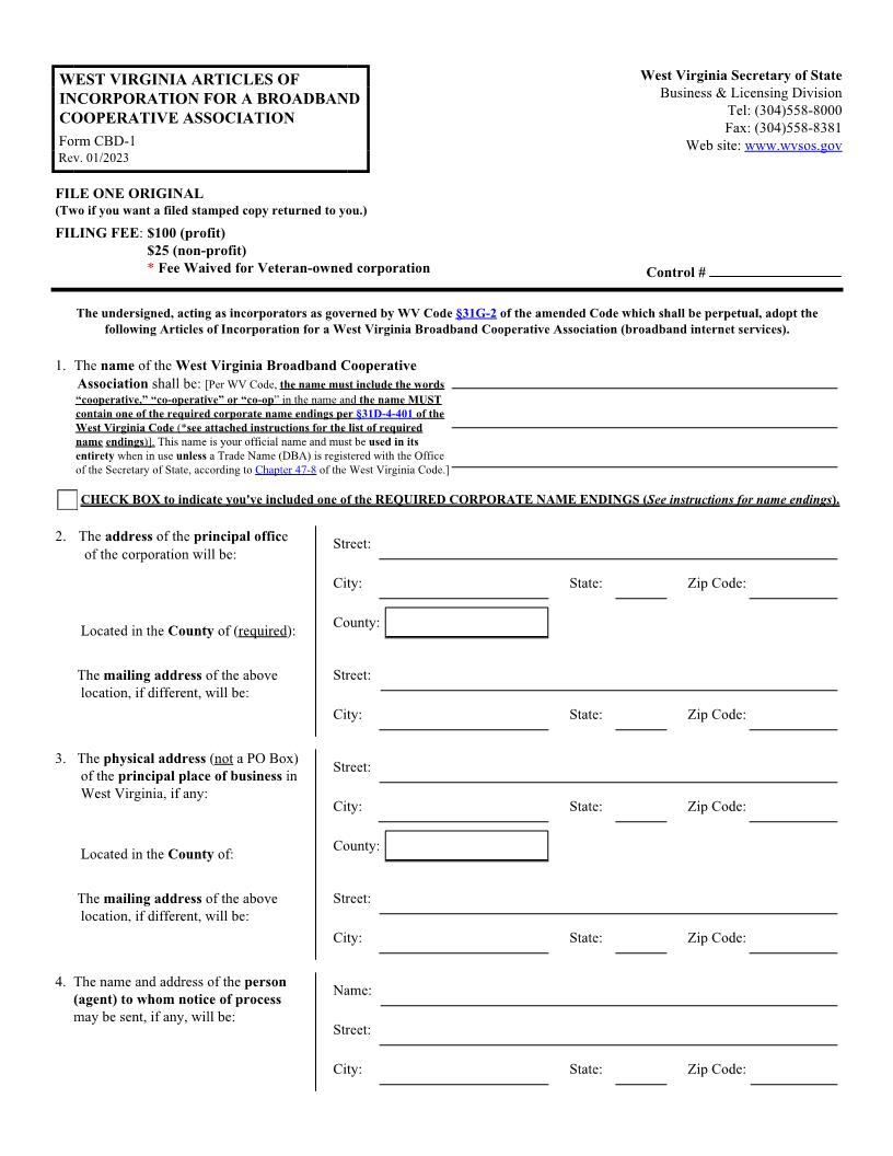Articles Of Incorporation For A Broadband (Internet Services) Cooperative Association {CBD-1} | Pdf Fpdf Docx | West Virginia