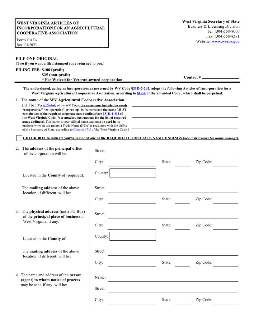 Articles Of Incorporation For A Cooperative Association {CAD-1} | Pdf Fpdf Docx | West Virginia
