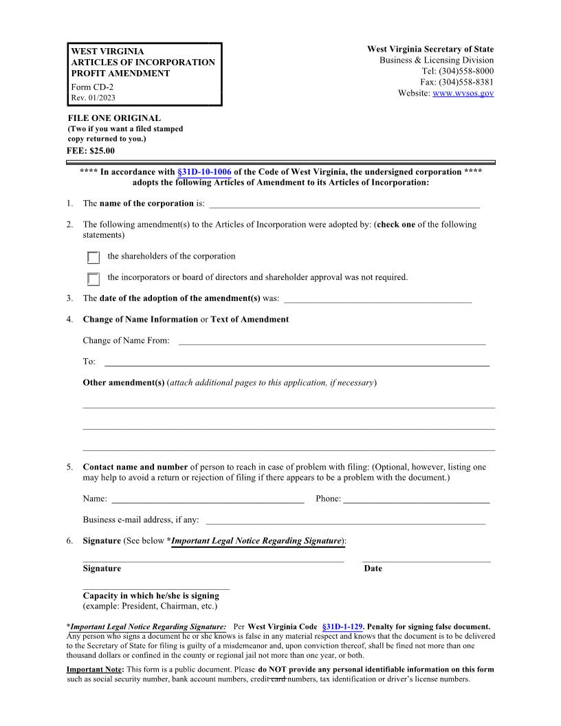 Articles Of Incorporation Profit Amendment (Domestic Corporation) {CD-2} | Pdf Fpdf Docx | West Virginia