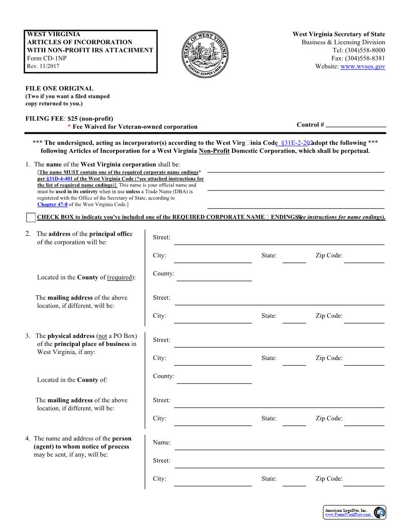 Articles Of Incorporation With Nonprofit IRS Attachment (Domestic Corporation) {CD-1NP} | Pdf Fpdf Docx | West Virginia