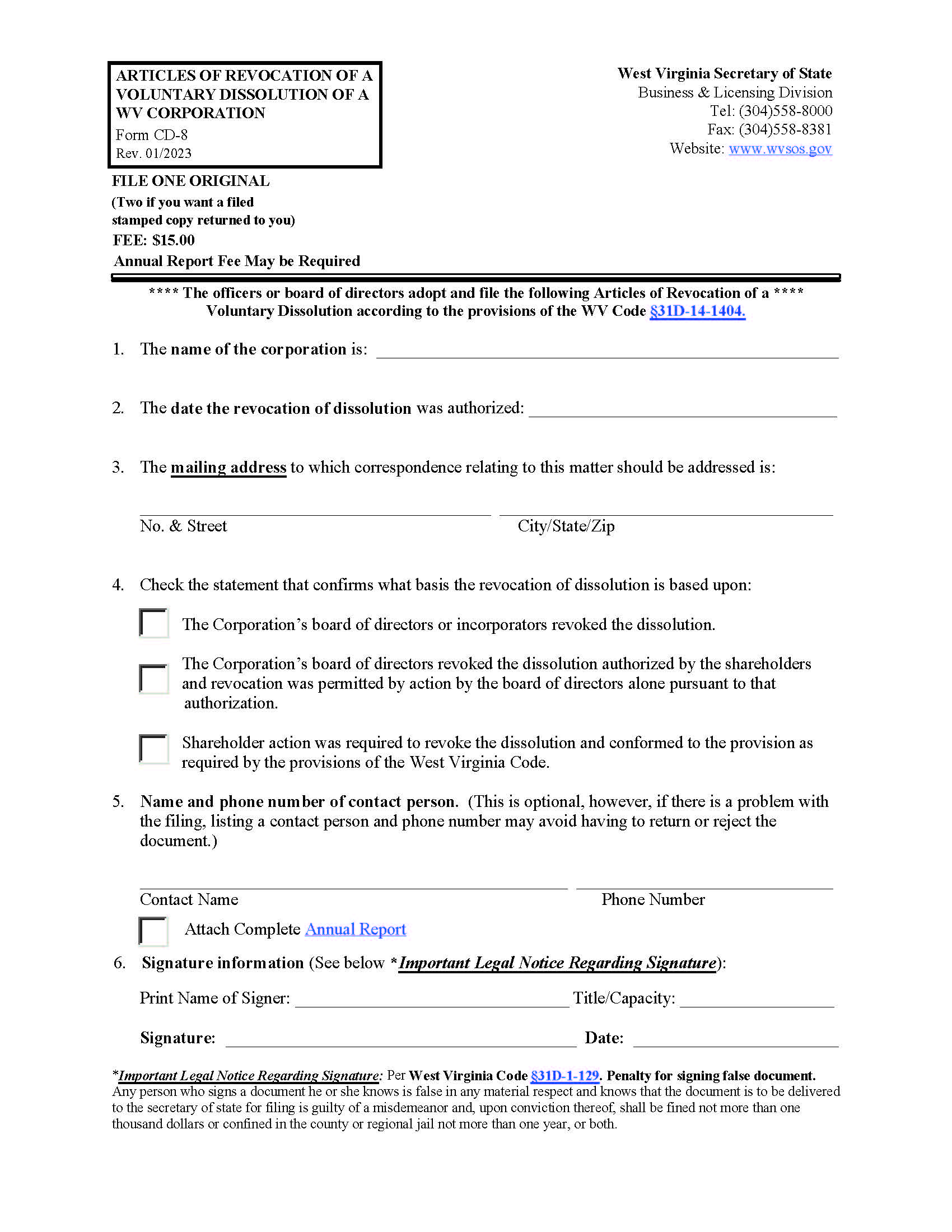 Articles Of Revocation Of A Voluntary Dissolution (Domestic Corporation) {CD-8} | Pdf Fpdf Docx | West Virginia