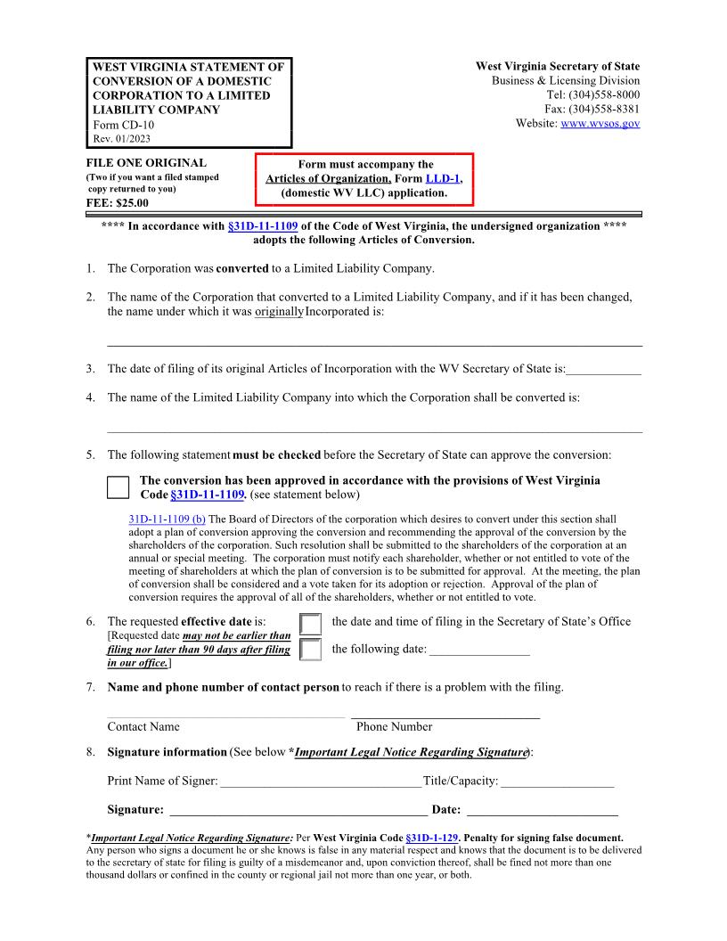 Statement Of Conversion Of A Domestic Corporation To A Domestic LLC (Domestic Corporation) {CD-10} | Pdf Fpdf Docx | West Virginia