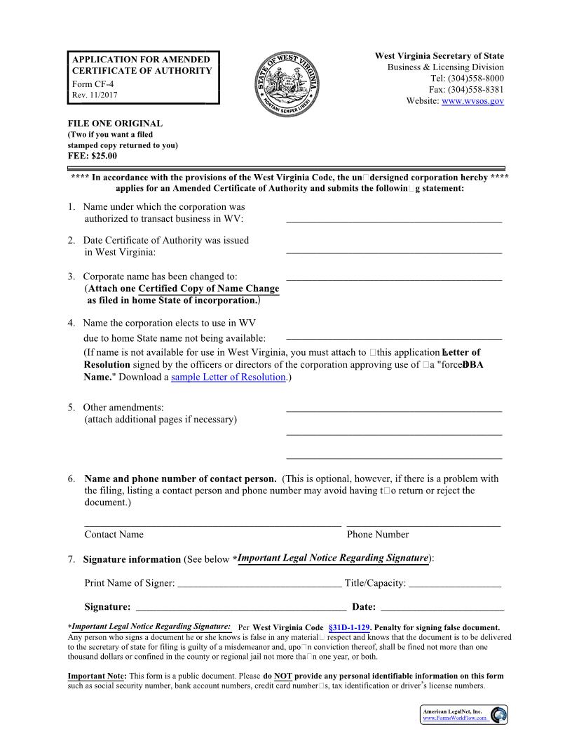 Application For Amended Certificate Of Authority (Foreign Corporation) {CF-4} | Pdf Fpdf Docx | West Virginia