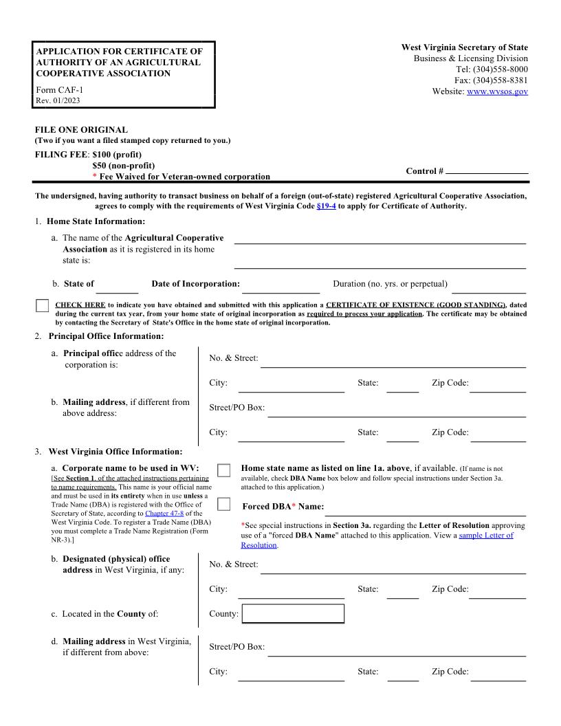 Application For Certificate Of Authority Of A Cooperative Association {CAF-1} | Pdf Fpdf Docx | West Virginia