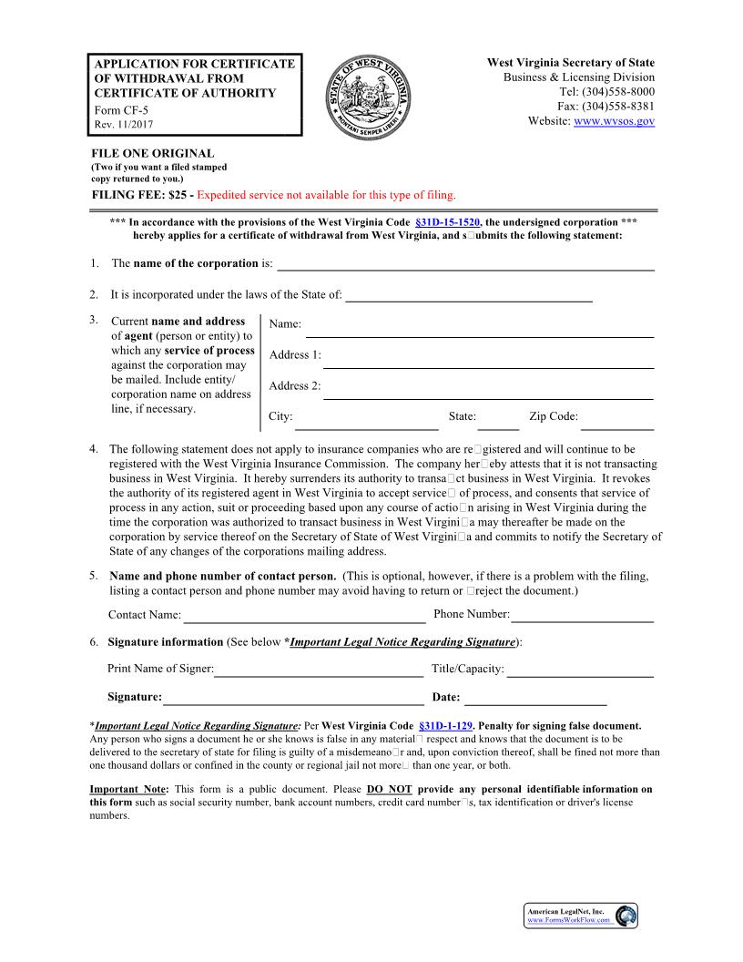 Application For Certificate Of Withdrawal (Foreign Corporation) {CF-5} | Pdf Fpdf Docx | West Virginia