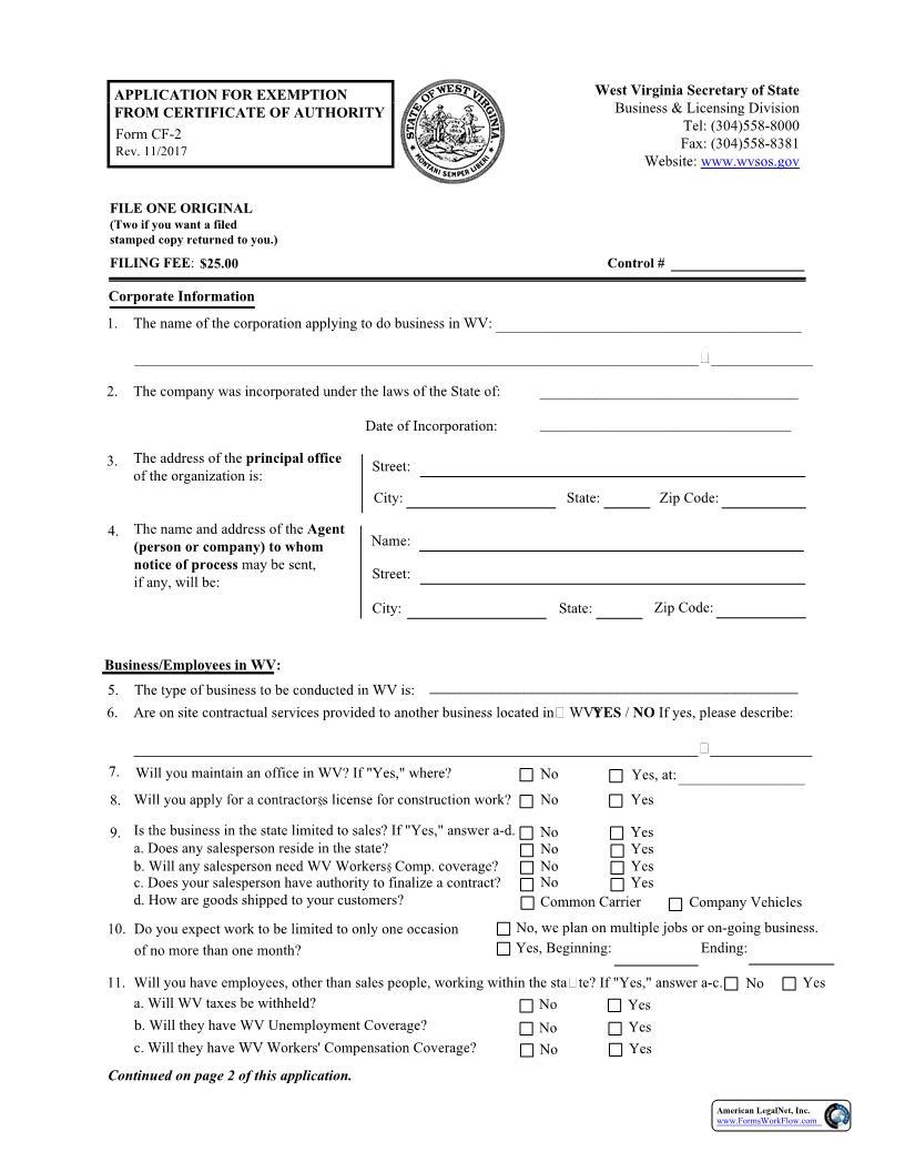 Application For Exemption From Certificate Of Authority (Foreign Corporation) {CF-2} | Pdf Fpdf Docx | West Virginia