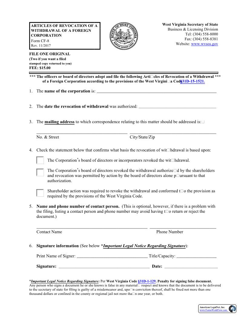 Articles Of Revocation Of A Withdrawal (Foreign Coprporation) {CF-8} | Pdf Fpdf Docx | West Virginia