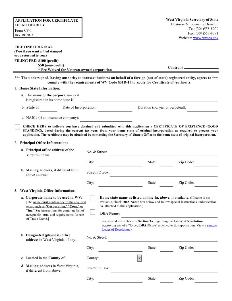 Certificate Of Authority (Foreign Corporation) {CF-1} | Pdf Fpdf Docx | West Virginia