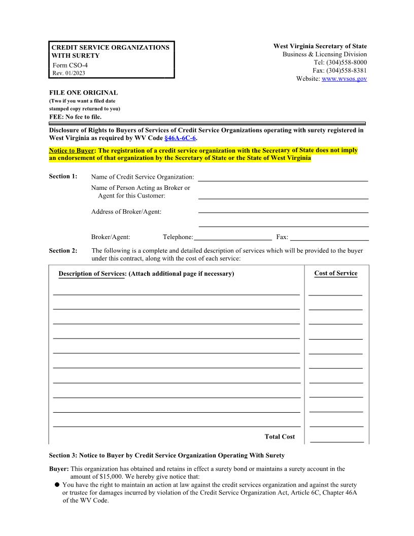 Credit Service Organizations With Surety {CSO-4} | Pdf Fpdf Docx | West Virginia