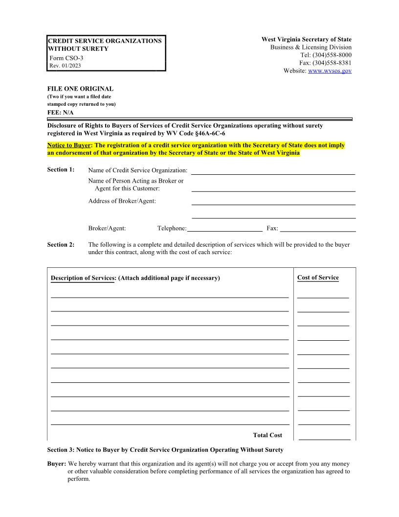 Credit Service Organizations Without Surety {CSO-3} | Pdf Fpdf Docx | West Virginia