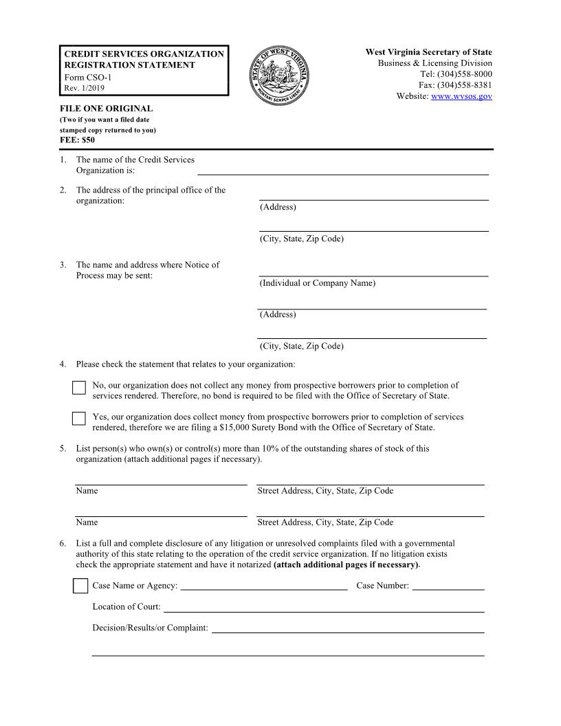 Credit Services Organization Registration Statement {CSO-1} | Pdf Fpdf Docx | West Virginia