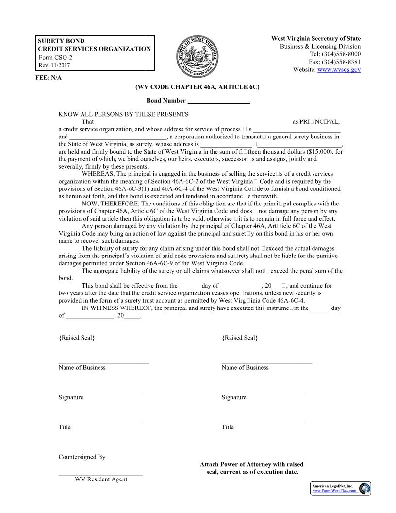 Surety Bond Credit Services Organization {CSO-2} | Pdf Fpdf Docx | West Virginia
