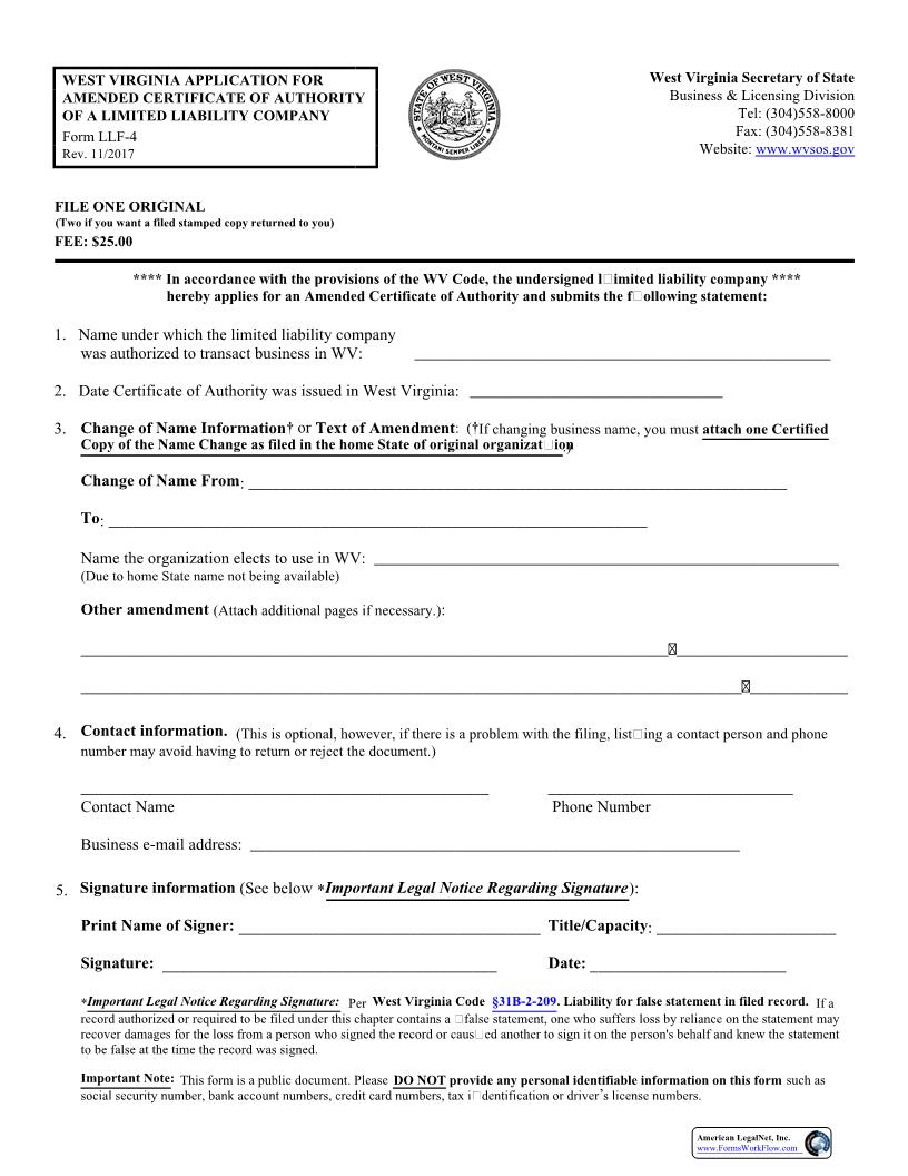 Application For Amended Certificate Of Authority (LLC) {LLF-4} | Pdf Fpdf Docx | West Virginia