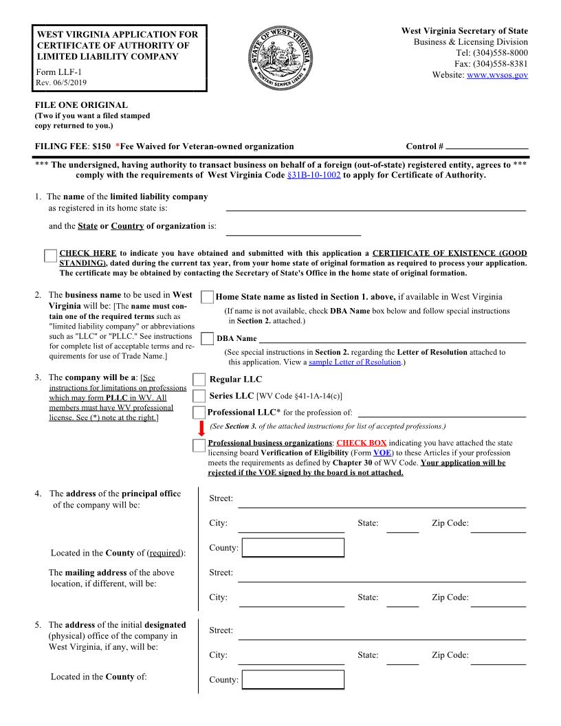 Application For Certificate Of Authority Of Limited Liability Company {LLF-1} | Pdf Fpdf Docx | West Virginia