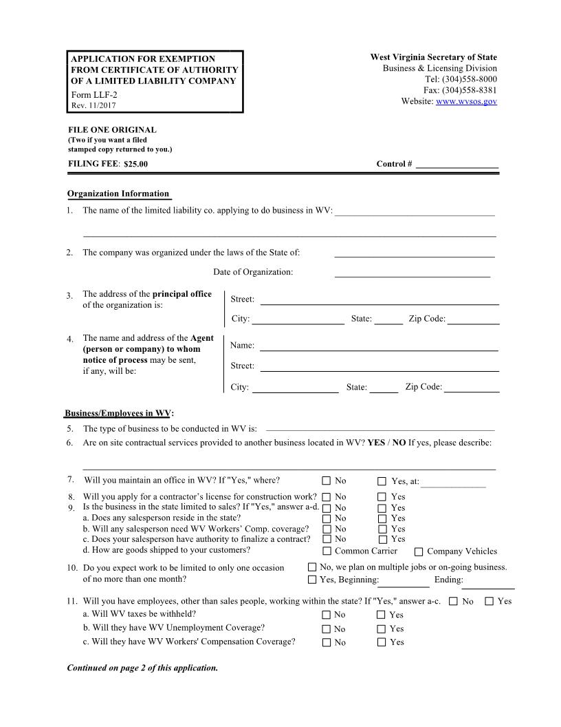 Application For Exemption From Certificate Of Authority Of LLC {LLF-2} | Pdf Fpdf Docx | West Virginia