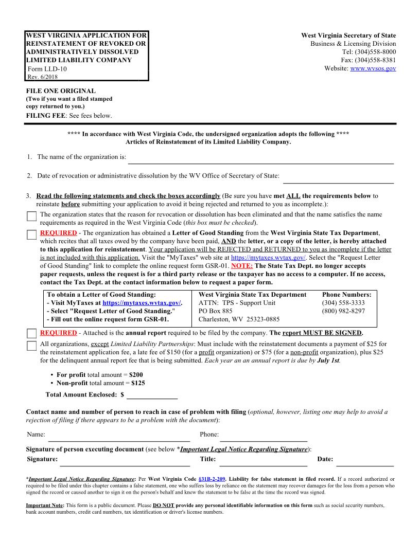 Application For Reinstatement {LLD-10} | Pdf Fpdf Docx | West Virginia