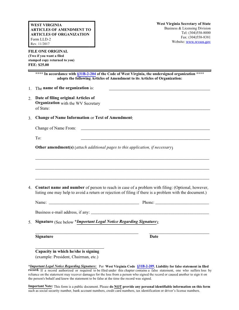 Articles Of Amendment To Articles Of Organization (LLC) {LLD-2} | Pdf Fpdf Docx | West Virginia