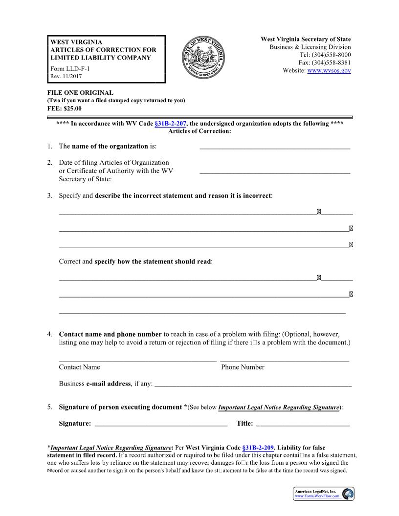 Articles Of Correction For Limited Liability Company {LLD-F-1} | Pdf Fpdf Docx | West Virginia