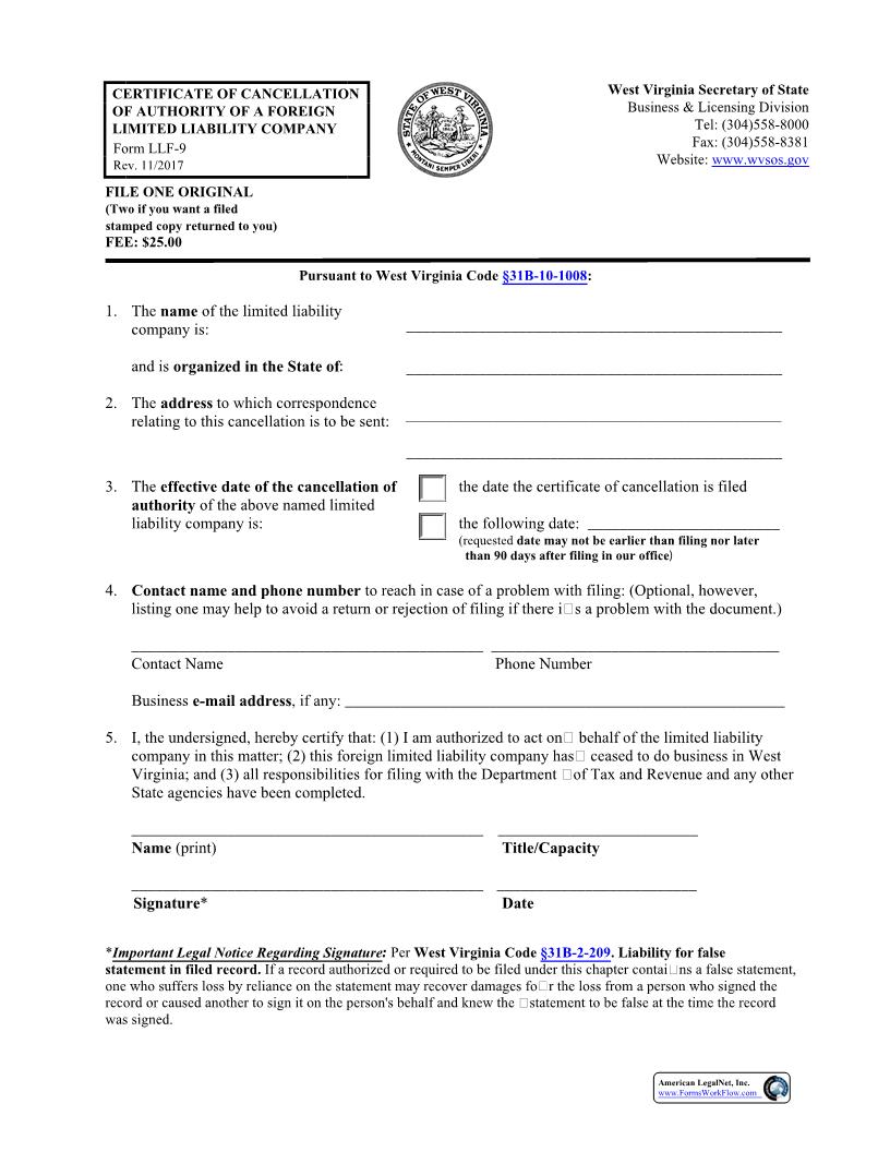 Certificate Of Cancellation Of Authority Of Foreign Limited Liability Company {LLF-9} | Pdf Fpdf Docx | West Virginia