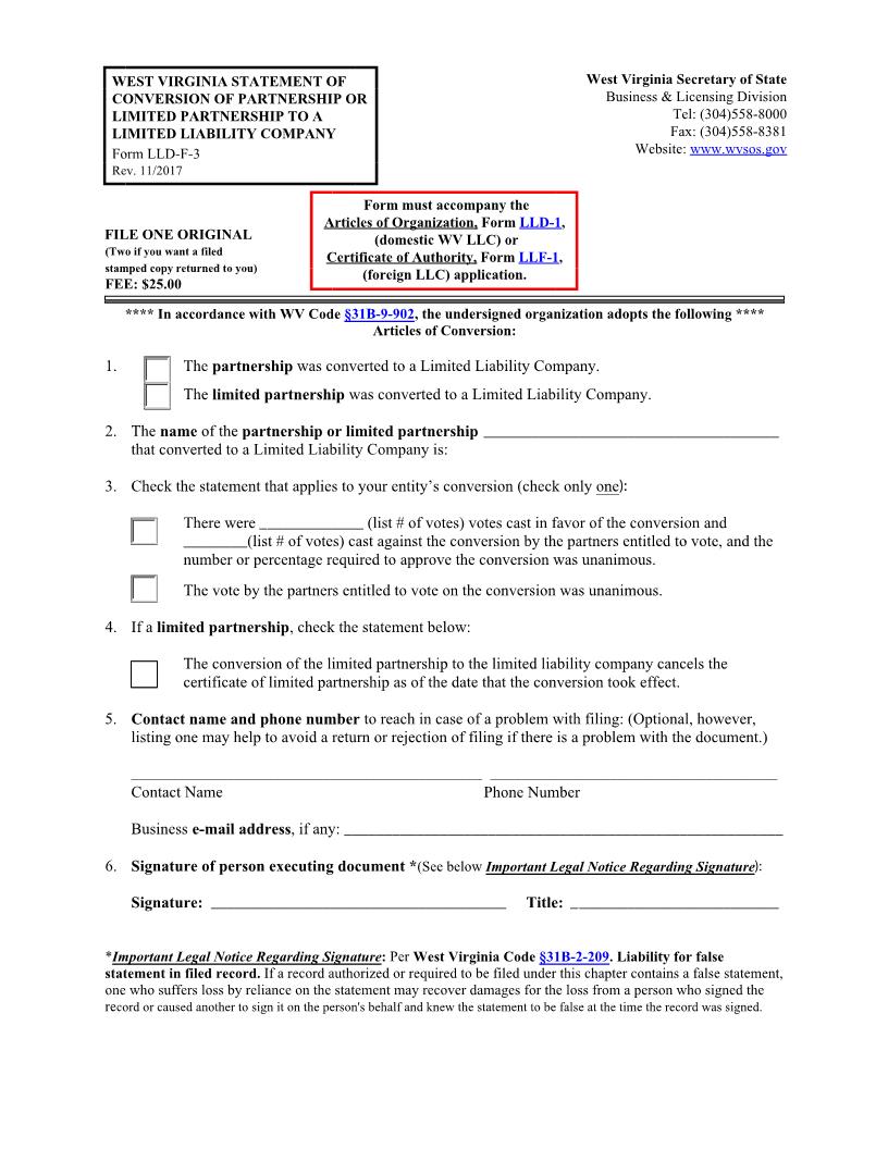Statement Of Conversion (LLC) {LLD-F-3} | Pdf Fpdf Docx | West Virginia