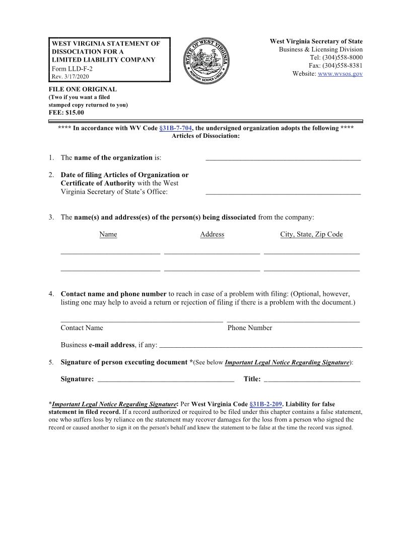 Statement Of Dissociation For A Limited Liability Company {LLD-F-2} | Pdf Fpdf Docx | West Virginia