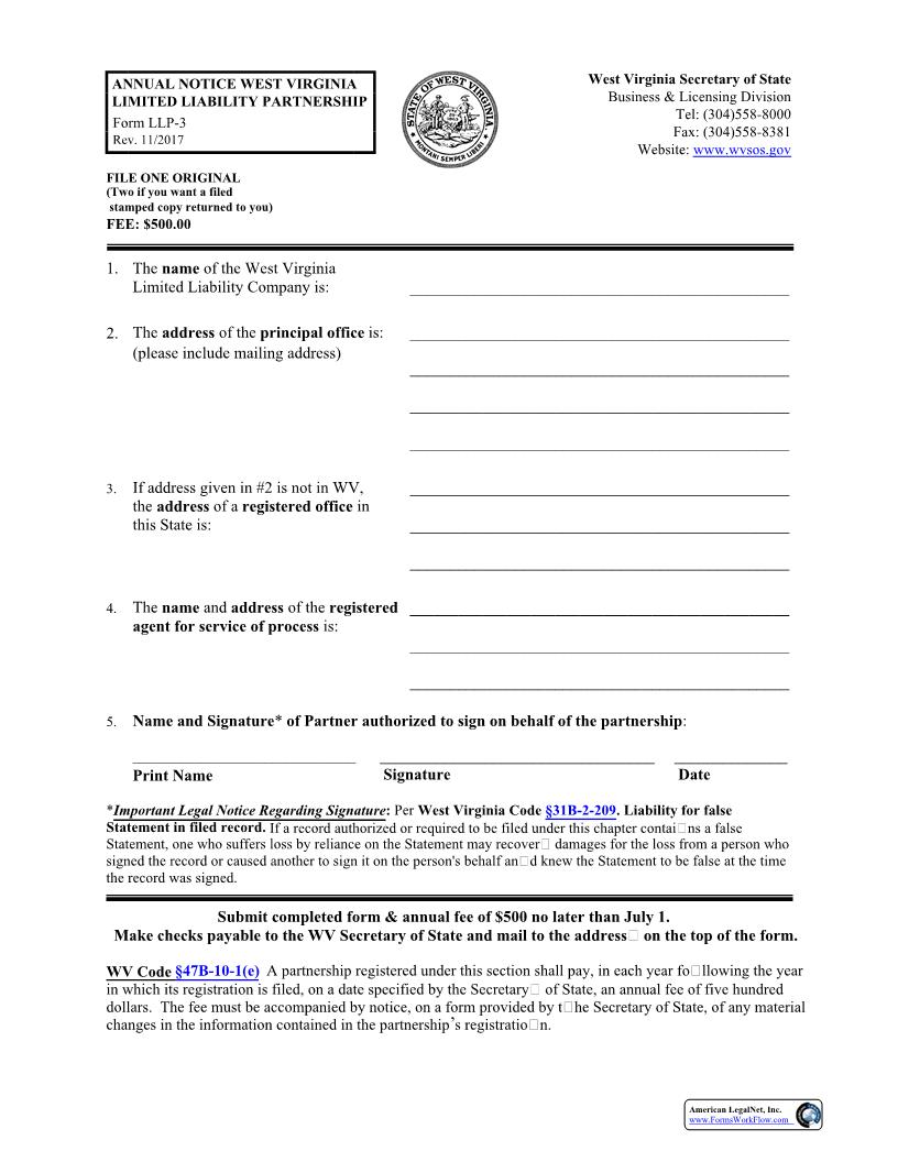 Annual Notice Limited Liablity Partnership {LLP-3} | Pdf Fpdf Docx | West Virginia
