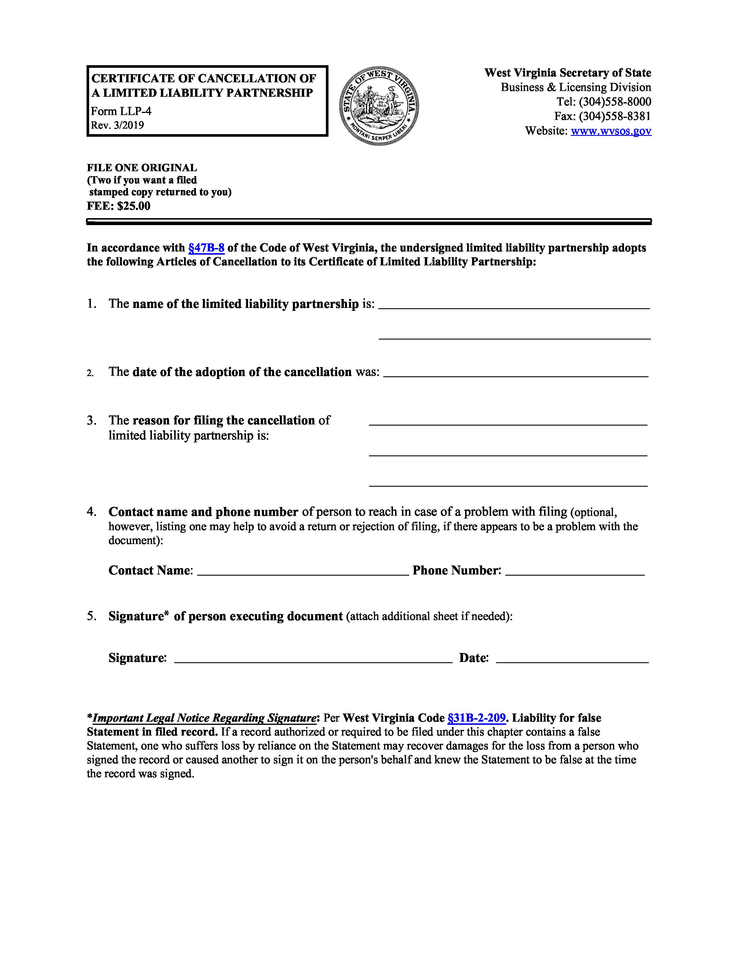 Certificate Of Cancellation Of A Limited Liability Partnership {LLP-4} | Pdf Fpdf Docx | West Virginia