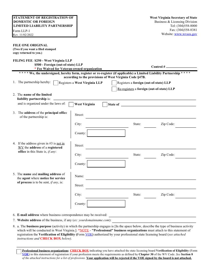 Statement Of Registration Of Domestic Or Foreign Limited Liability Partnership (Domestic) {LLP-1} | Pdf Fpdf Docx | West Virginia