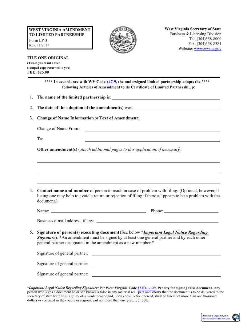 Amendment To Limited Partnership {LP-3} | Pdf Fpdf Docx | West Virginia