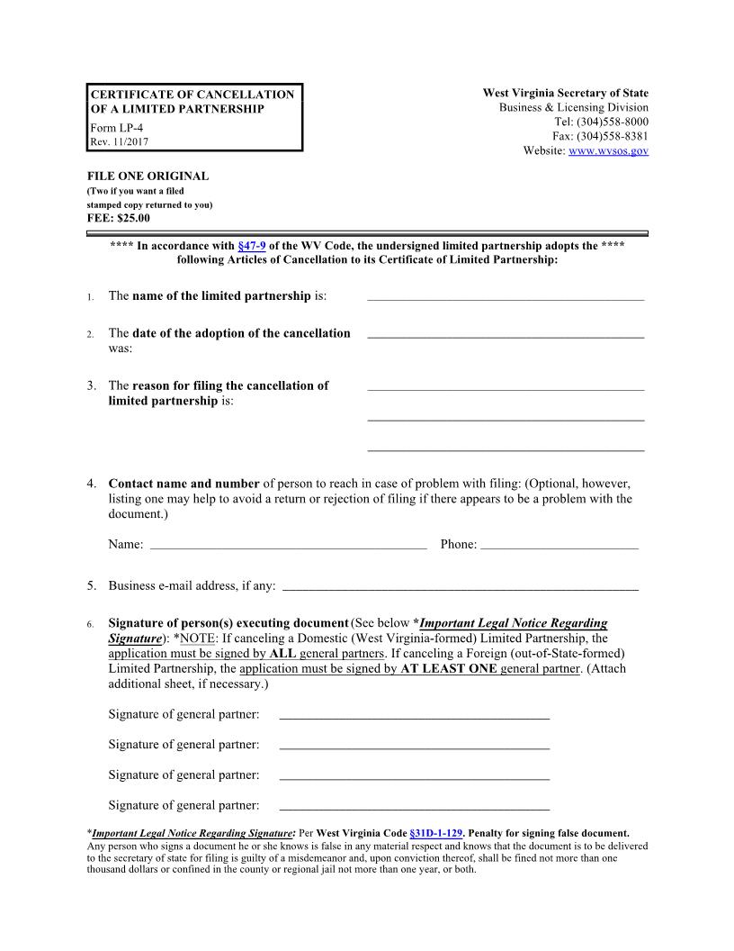 Certificate Of Cancellation (LP) {LP-4} | Pdf Fpdf Docx | West Virginia