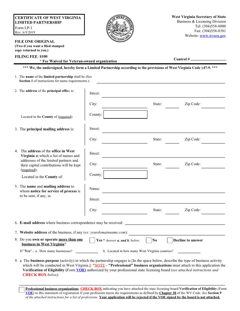 Certificate Of Limited Partnership {LP-1} | Pdf Fpdf Docx | West Virginia