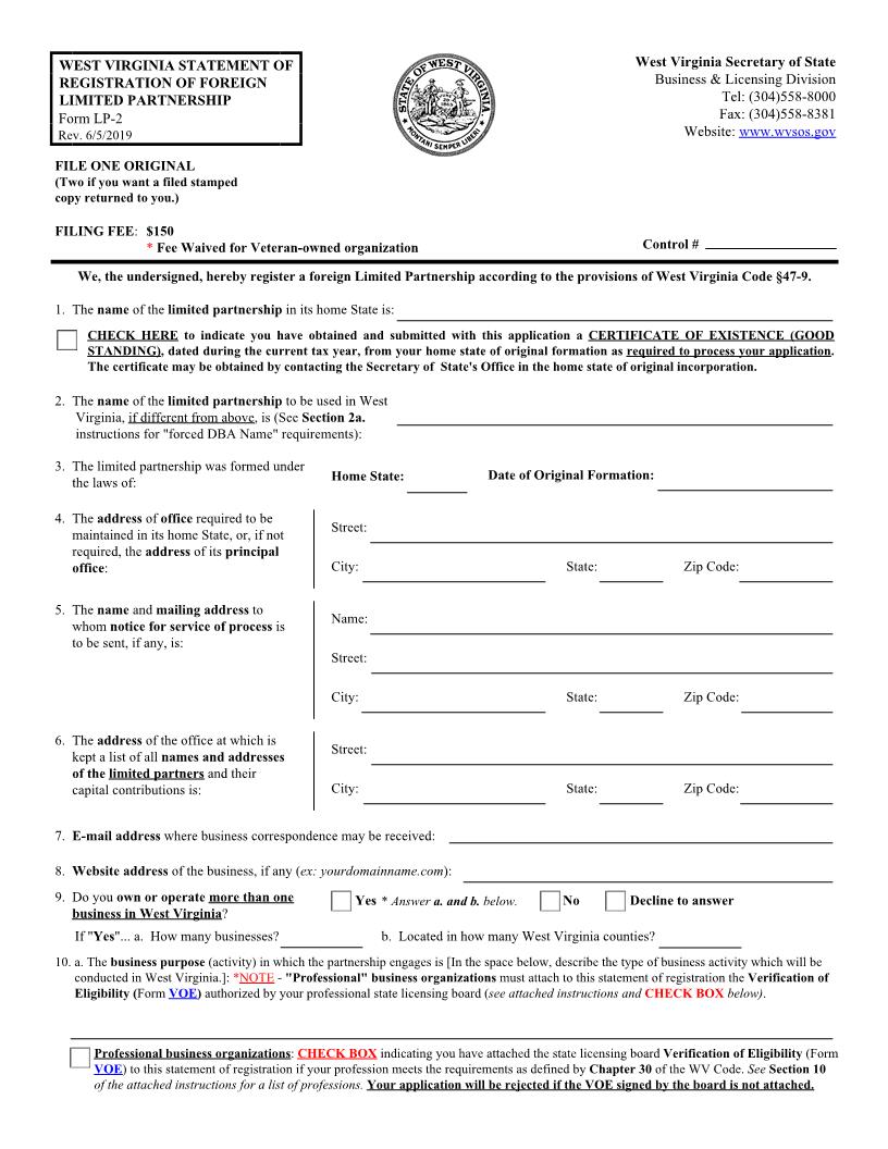 Statement Of Registration Of Foreign Limited Partnership {LP-2} | Pdf Fpdf Docx | West Virginia