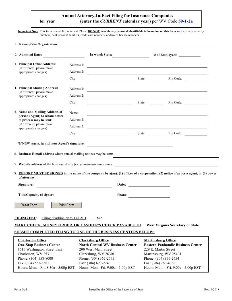 Annual Attorney In Fact Filing {IA-1} | Pdf Fpdf Docx | West Virginia