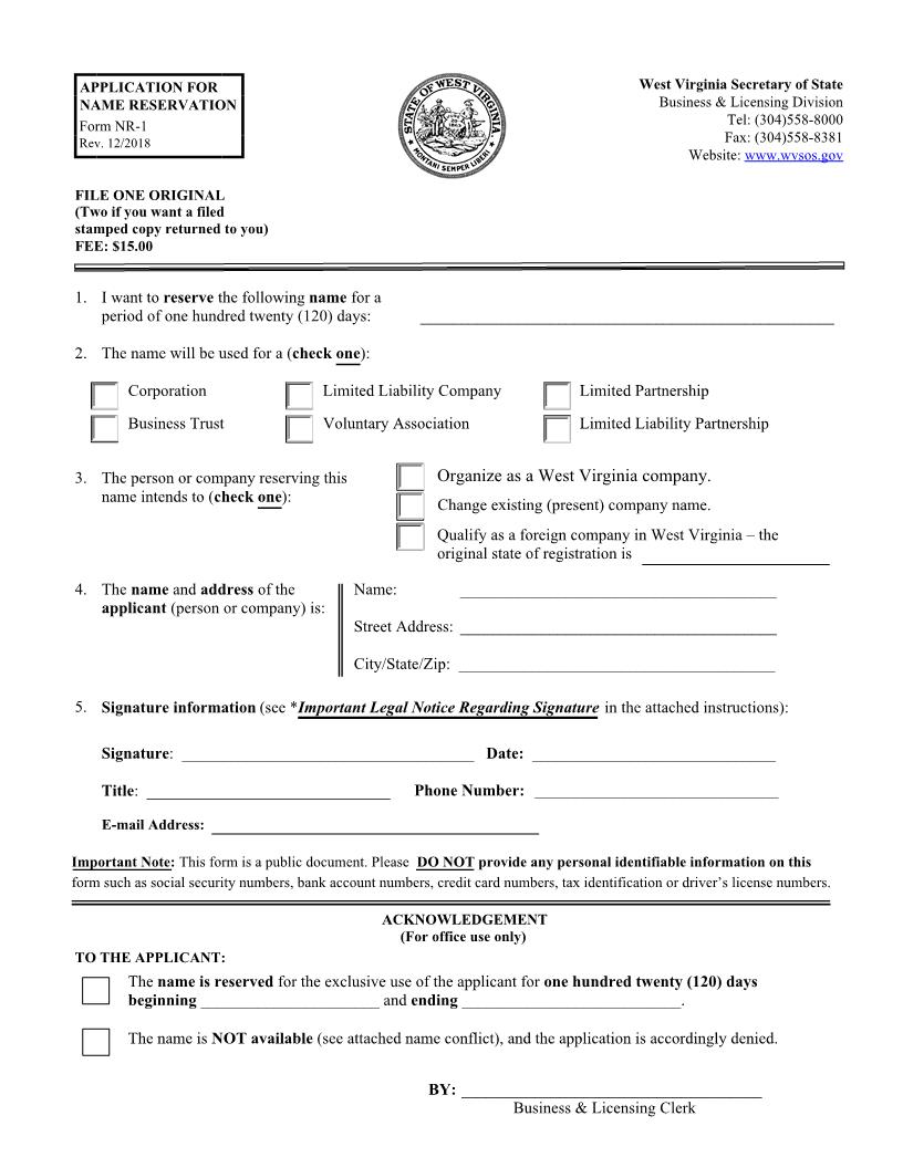 Application For Name Reservation {NR-1} | Pdf Fpdf Docx | West Virginia