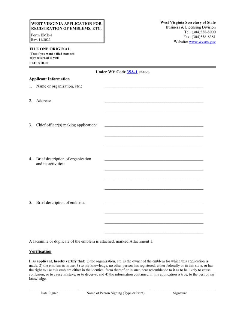 Application For Registration Of Emblems {EMB-1} | Pdf Fpdf Docx | West Virginia