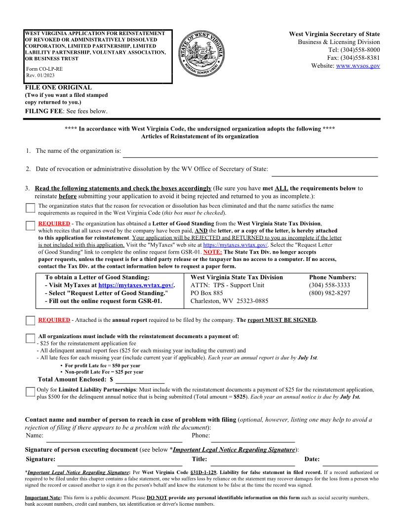 Application For Reinstatement {CO-LP-RE} | Pdf Fpdf Docx | West Virginia