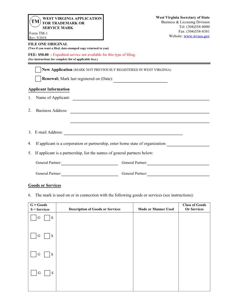 Application For Trademark Or Service Mark {TM-1} | Pdf Fpdf Docx | West Virginia