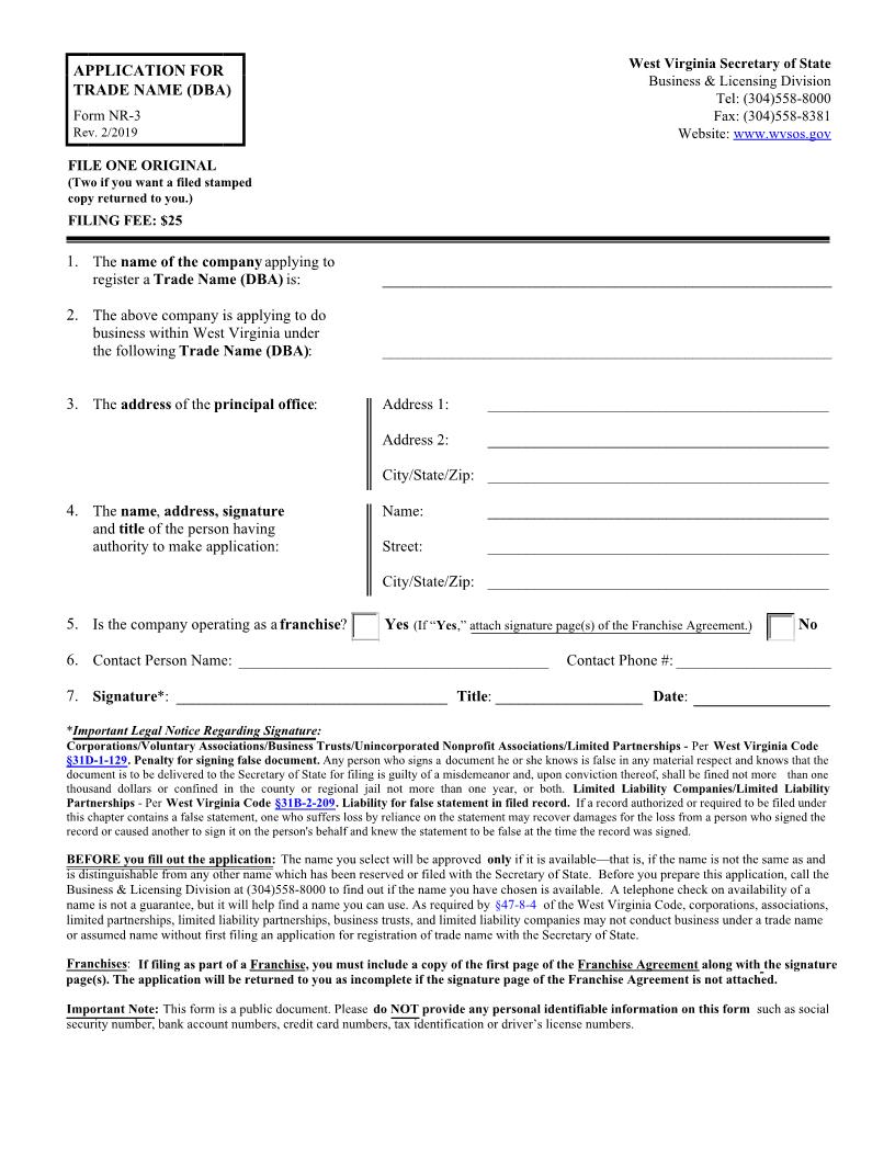 Application For Tradename {NR-3} | Pdf Fpdf Docx | West Virginia