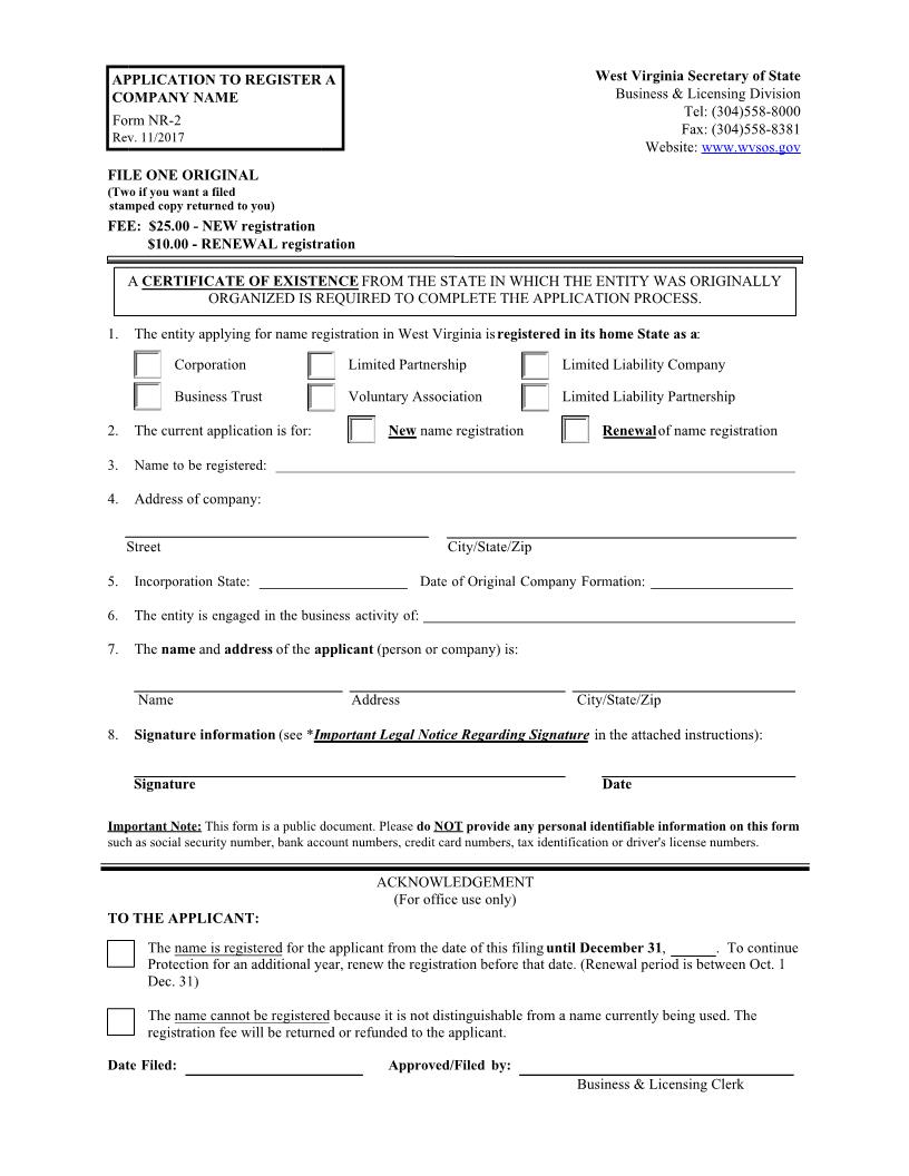 Application To Register A Company Name {NR-2} | Pdf Fpdf Docx | West Virginia