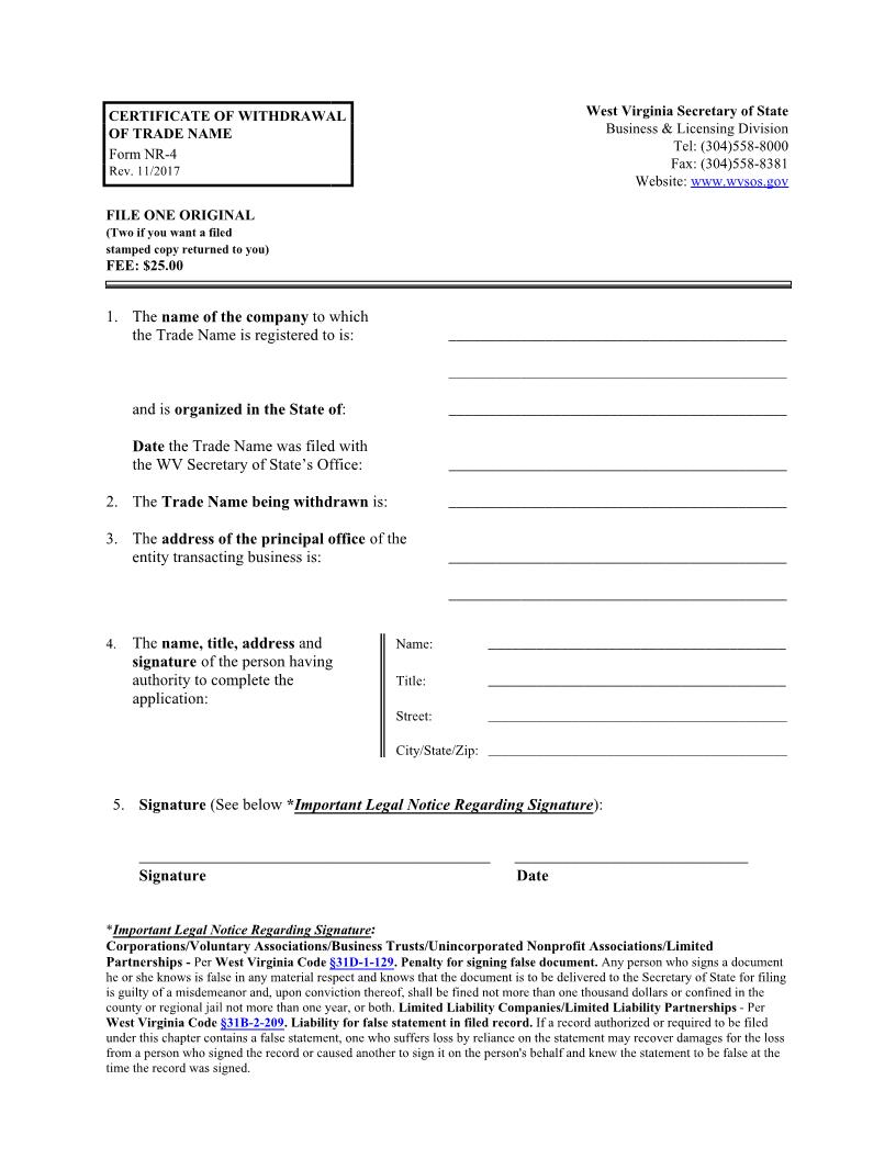 Certificate Of Withdrawal Of Tradename {NR-4} | Pdf Fpdf Docx | West Virginia