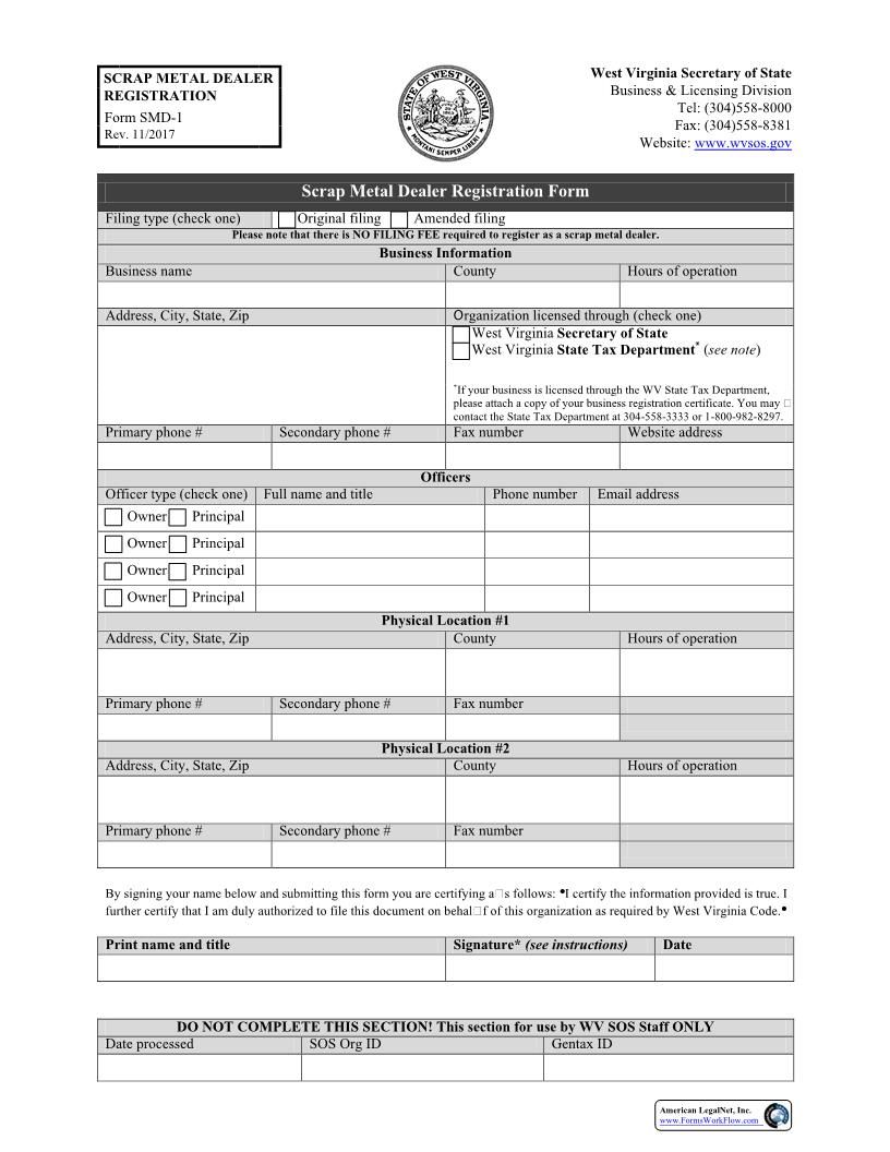Scrap Metal Dealer Registration Form {SMD-1} | Pdf Fpdf Docx | West Virginia