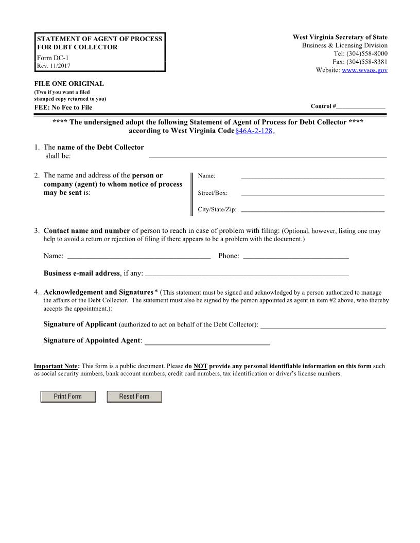 Statement Of Agent Of Process For Debt Collector {DC-1} | Pdf Fpdf Docx | West Virginia