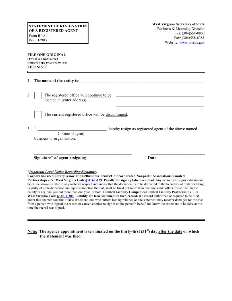 Statement Of Resignation Of A Registered Agent {RRA-1} | Pdf Fpdf Docx | West Virginia