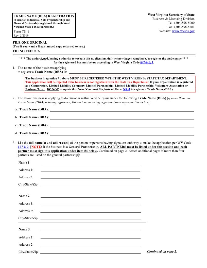 Trade Name (DBA) Registration (Individual Sole Proprietorship General Partnership) {TN-1} | Pdf Fpdf Docx | West Virginia